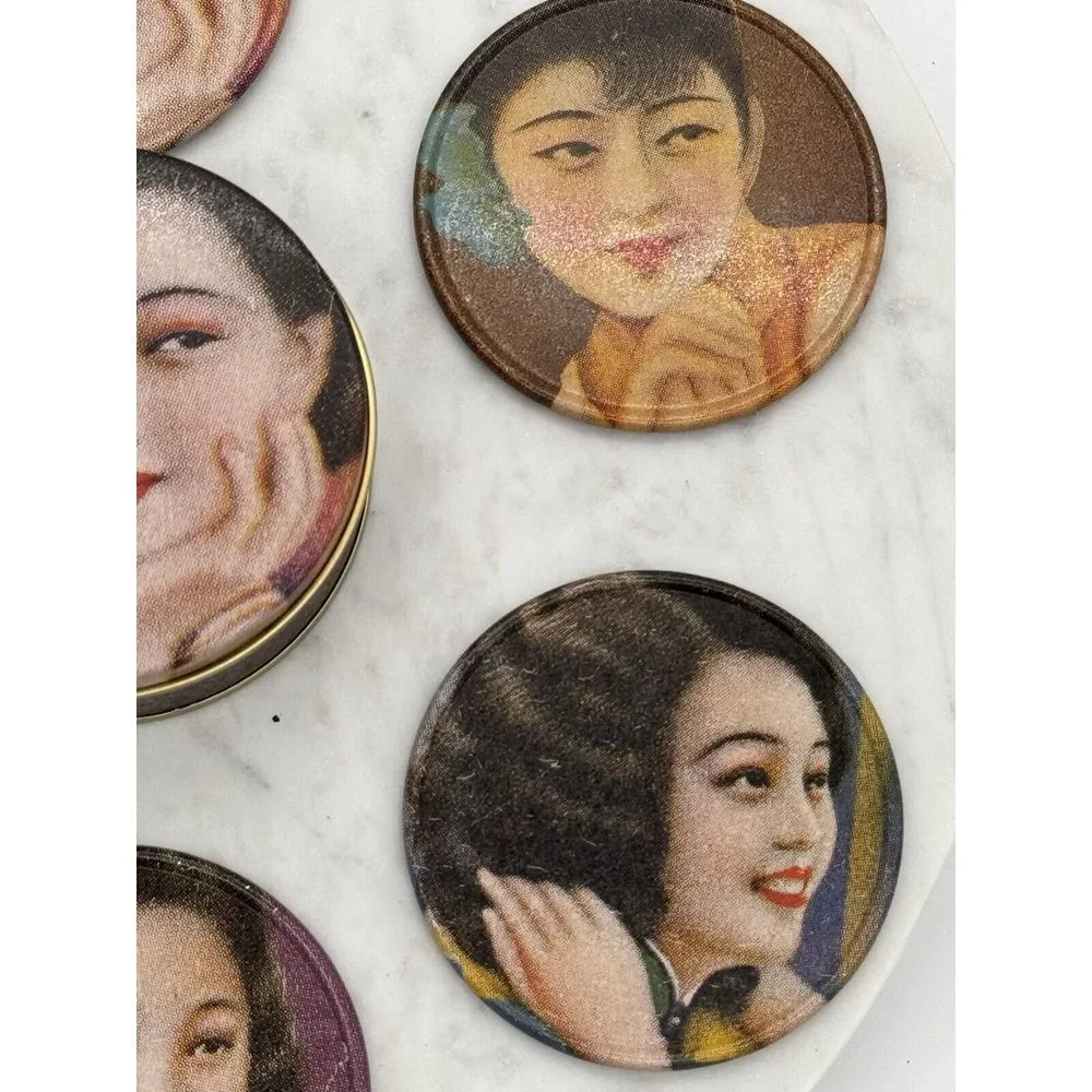 Vintage Coasters Set Alan Chan Creations Metal W/ Cork Back‎ & Storage Tin